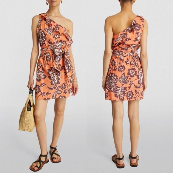 Claudie Pierlot Rumba One Shoulder Ruffled Belted Floral Mini Dress in Orange - Picture 1 of 16